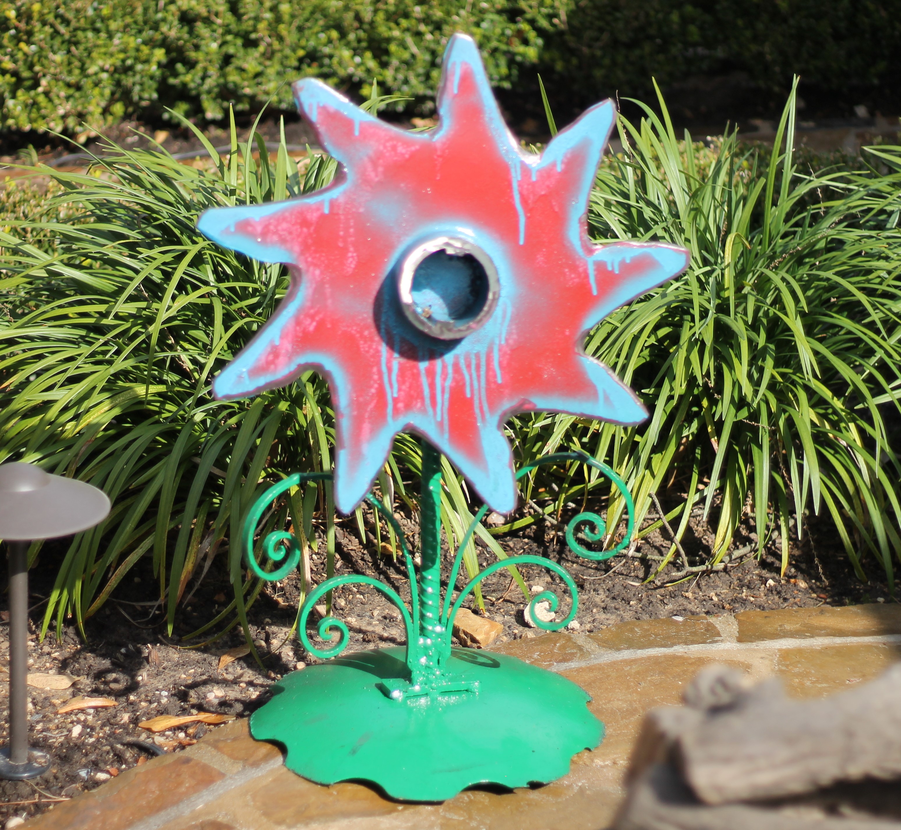 Whimsical Red Metal Flower Outdoor Sculptures Art Artwork Garden Decor