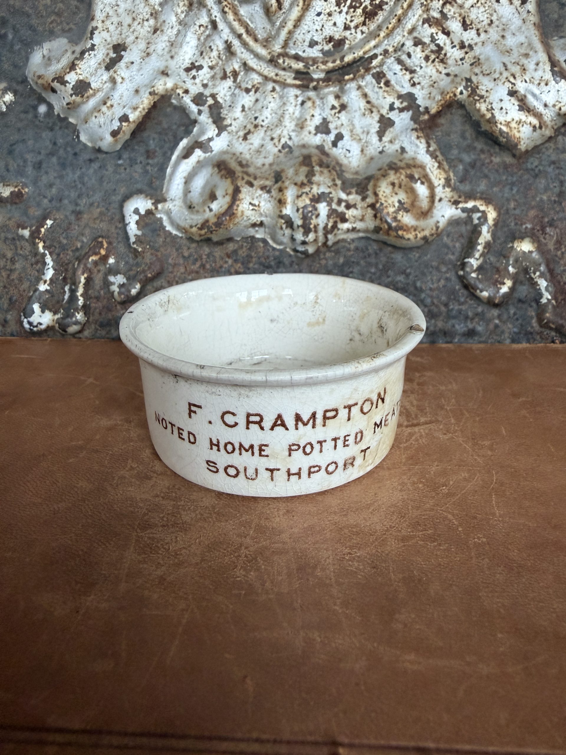 Antique F. Crampton's Small Potted Meat Advertising Dish Sepia Color, Southport c. 1900