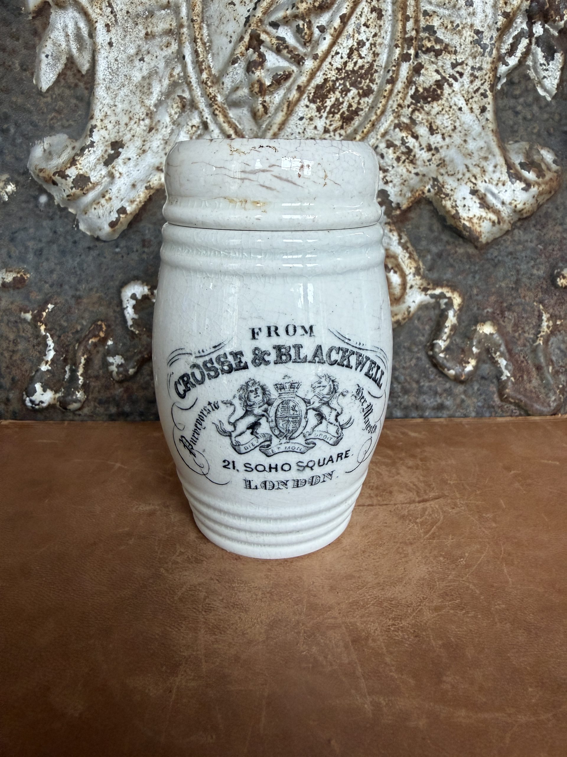 Beautiful Crosse and Blackwell Barrel Shaped Pot  - London - Antique English Advertising Pot w/ VERY rare Printed Lid