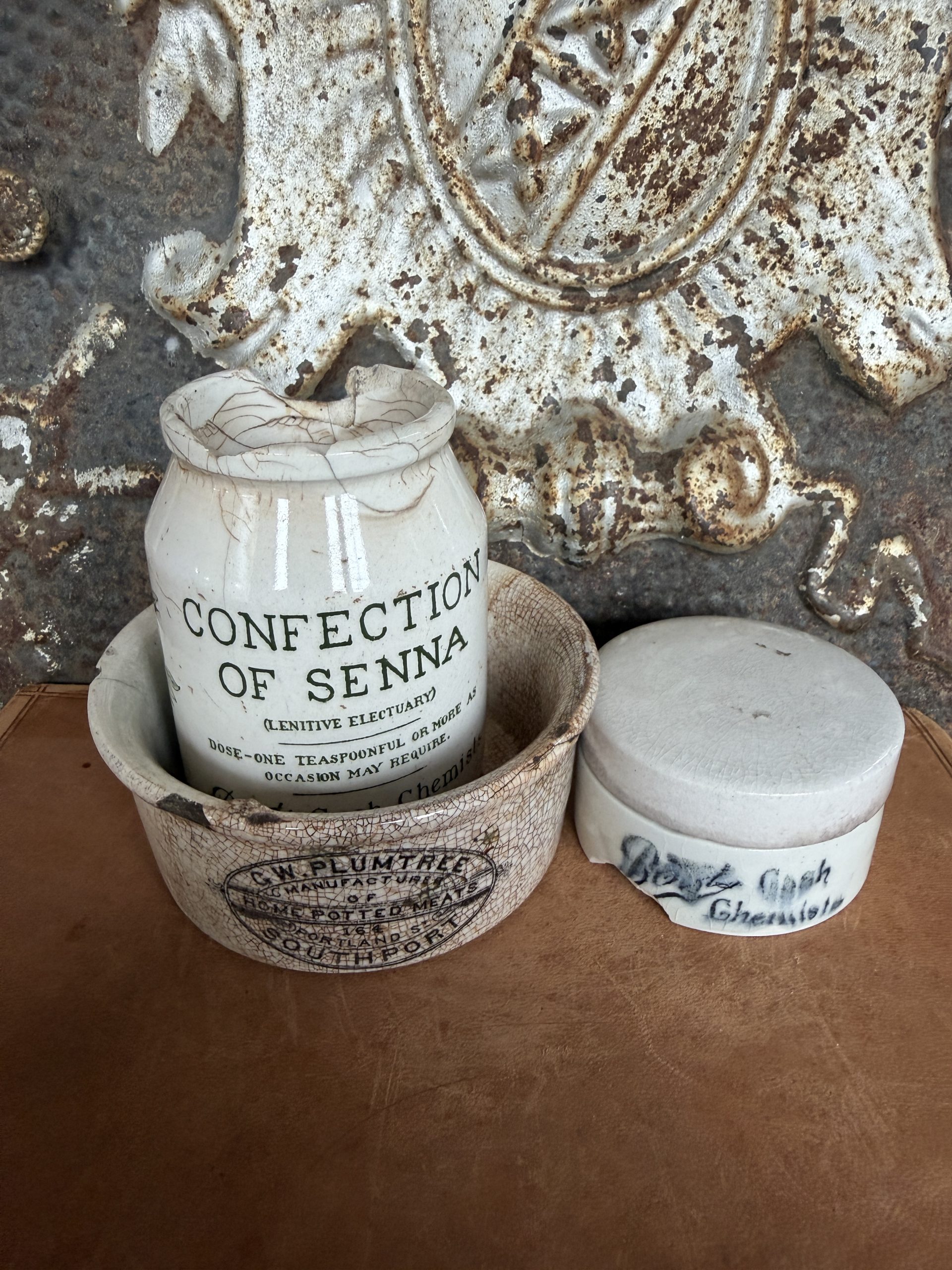 Chippy Antique English Advertising Pots: Boots Confection, Plumtree, Boots Chemist - Set of 3