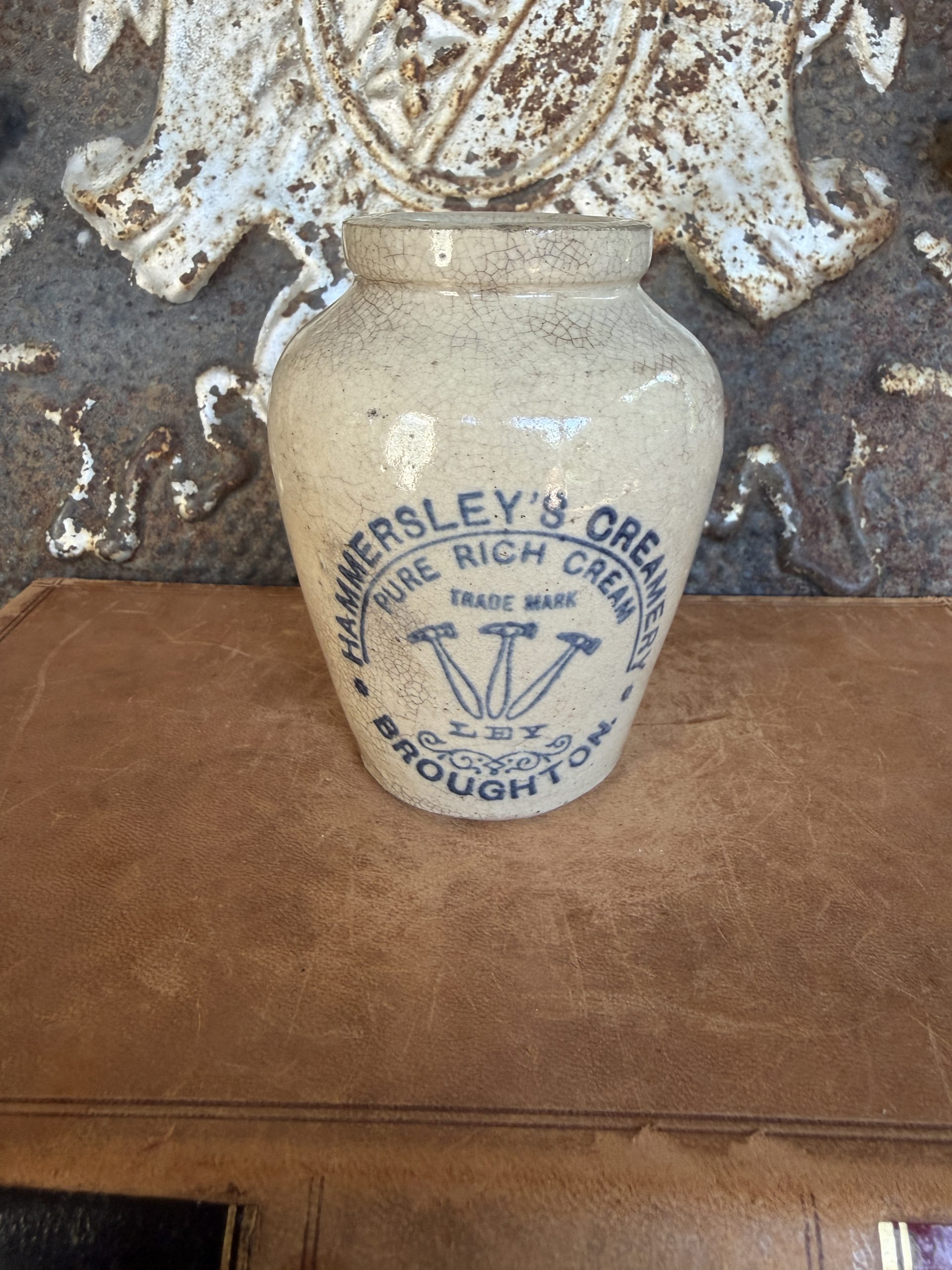 Antique Hammersley’s Large Creamery Stoneware Pot – Broughton – Blue Transfer – c. 1890s