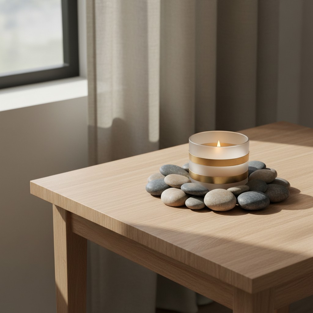 Rectangular wooden side table, with an energizing white and gold candle surrounded by round grey and beige pebbles.