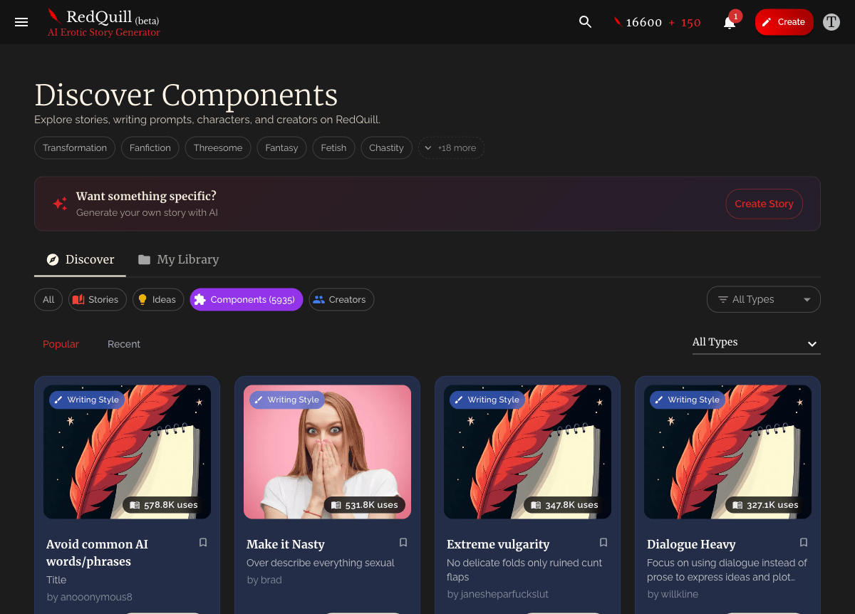 Browse community characters and components on the Discover page