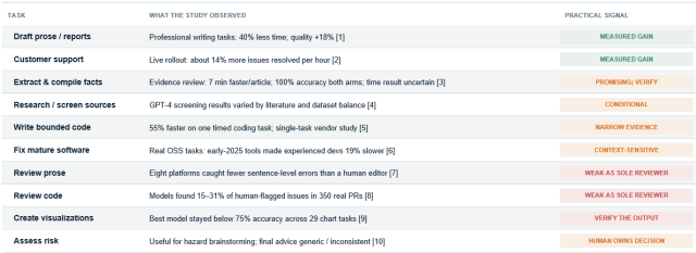 A table summarizing observed effects of various tasks using GPT-4, including drafting reports, customer support, and code review, with categories of evidence and practical signals.