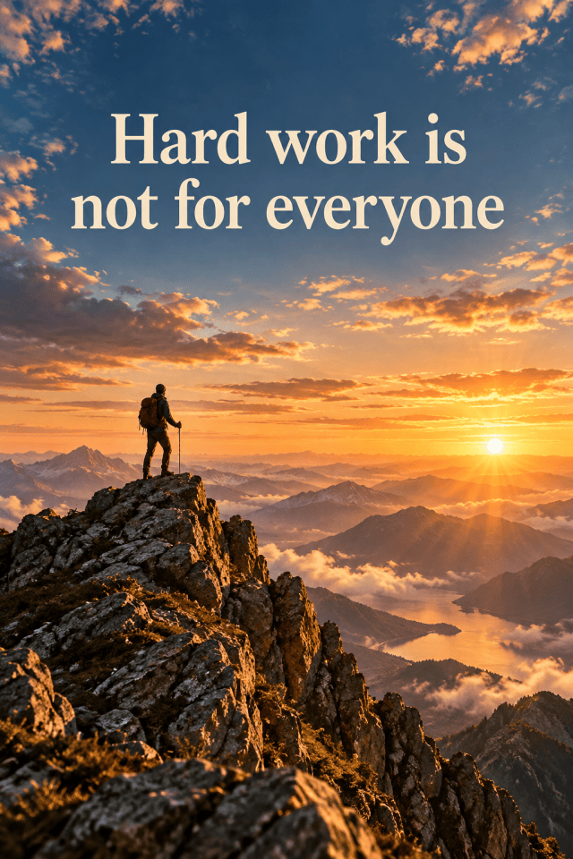 A hiker standing on a rocky mountain peak at sunset, with the phrase 'Hard work is not for everyone' overlaid on the image.