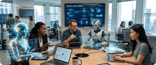 A collaborative workspace featuring a diverse group of people and AI agents engaging in a project discussion. A woman presents ideas while a robot and holographic AI assistant interact with laptops displaying data visualizations.
