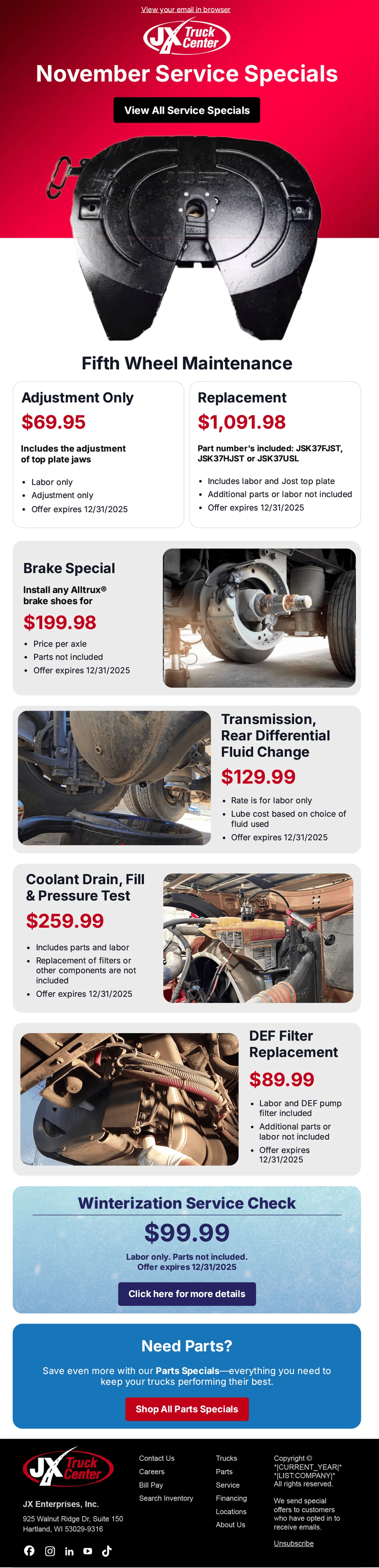 November Service Specials eblast.