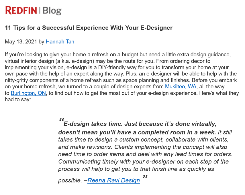 Redfin article Reena Ravi Design e-design tips