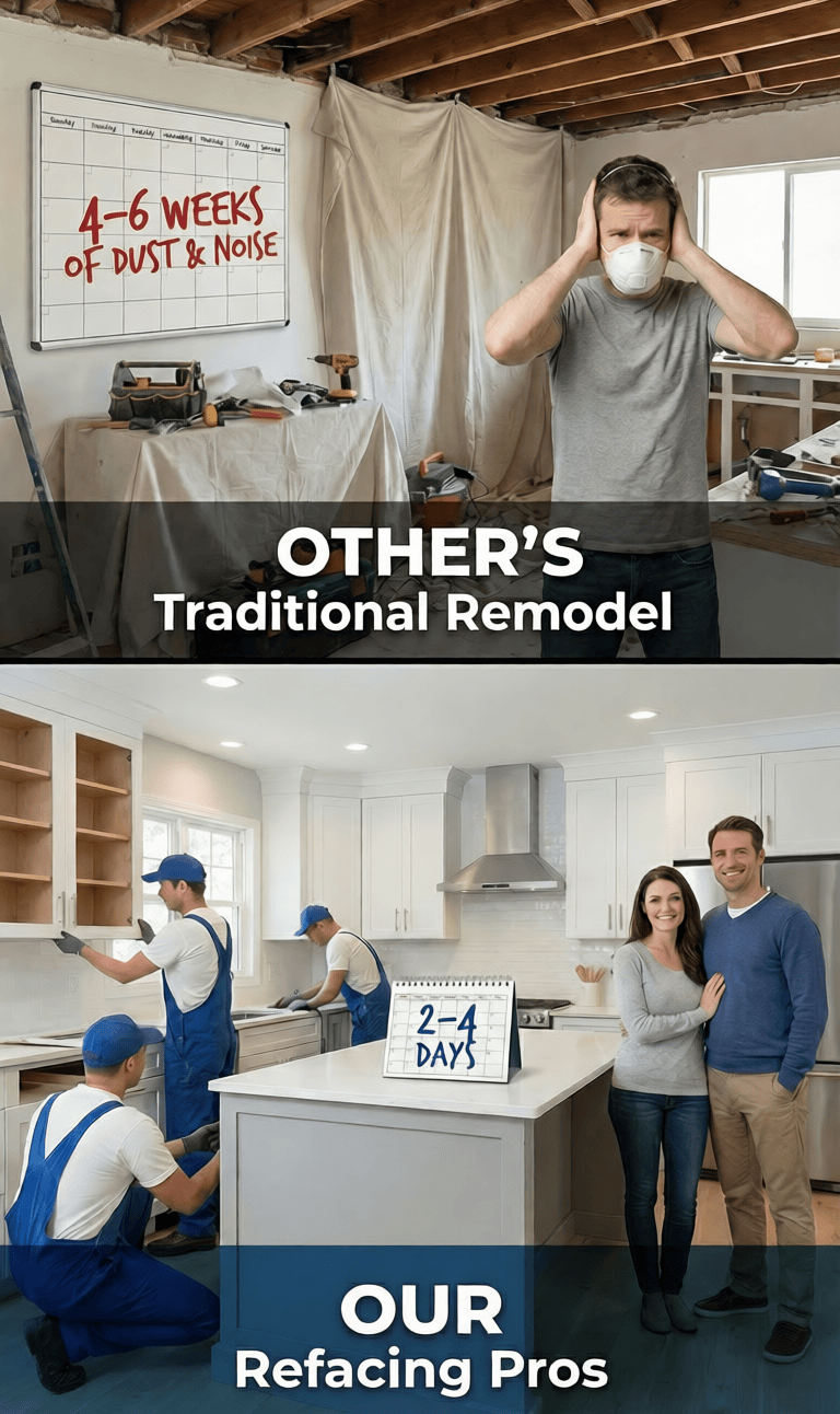 Graphic illustrating the benefits of cabinet refacing over a full renovation — less dust, noise, and quicker installation
