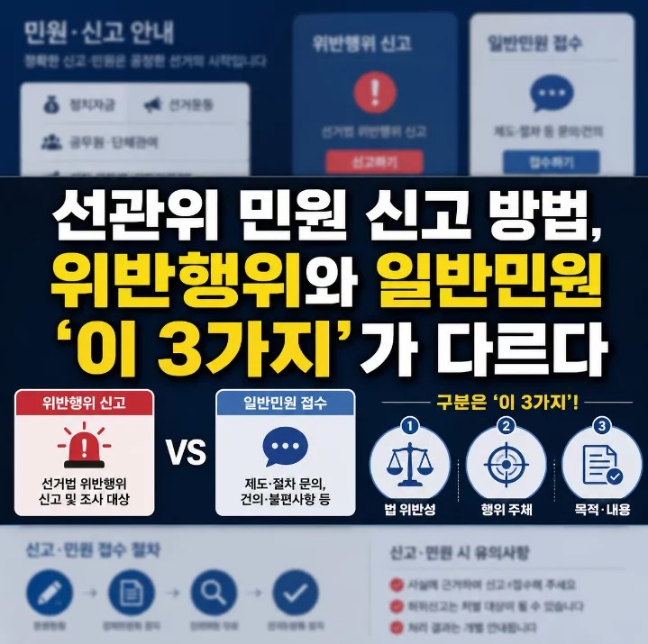 선관위 민원 신고 방법 3가지 유형 비교 — 위반행위·질의·일반민원 2026년