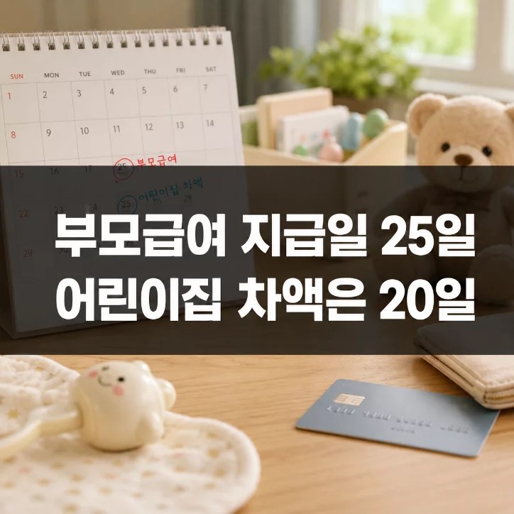 부모급여 지급일 매월 25일 어린이집 차액 익월 20일 달력 그래픽