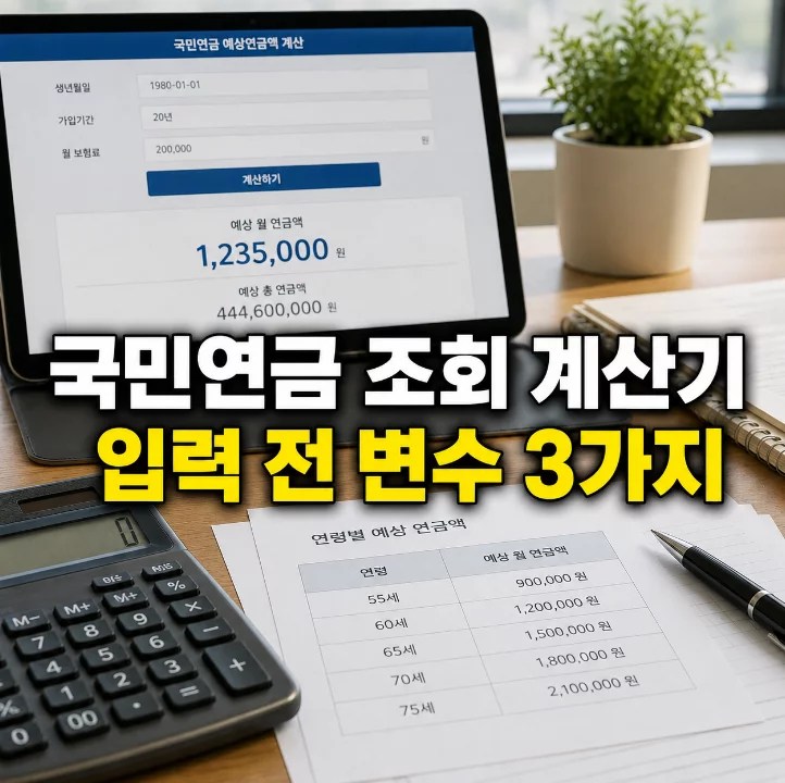 국민연금 예상수령액 계산기 입력 화면과 3가지 변수 안내 이미지