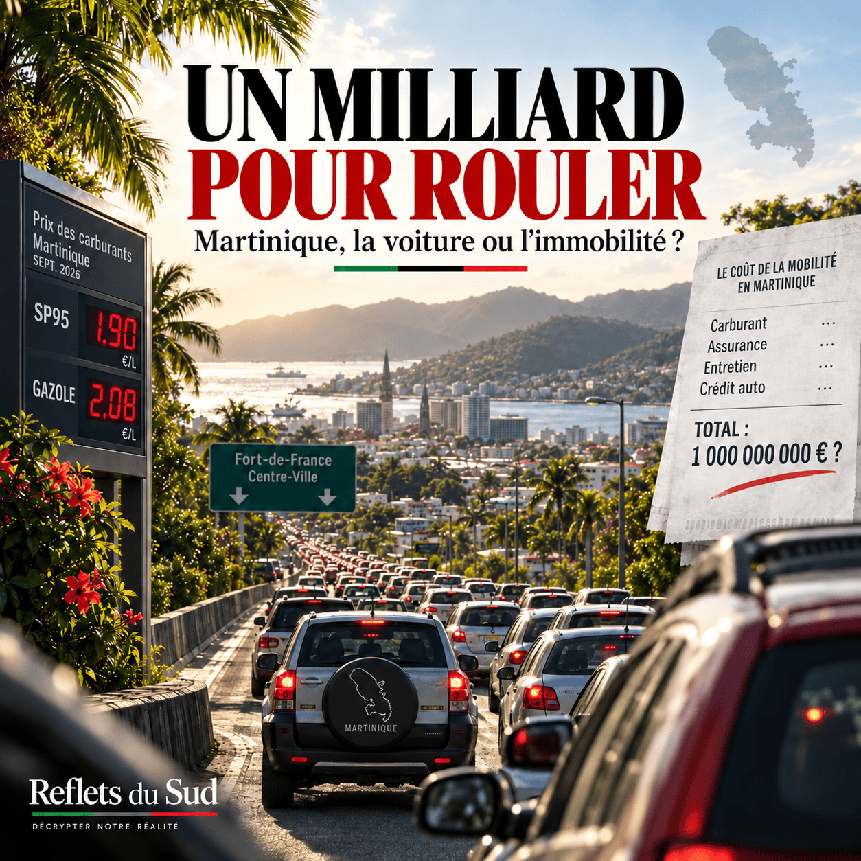 Illustration d’un embouteillage en Martinique avec le titre « Un milliard pour rouler » et un ticket représentant le coût de l’automobile.