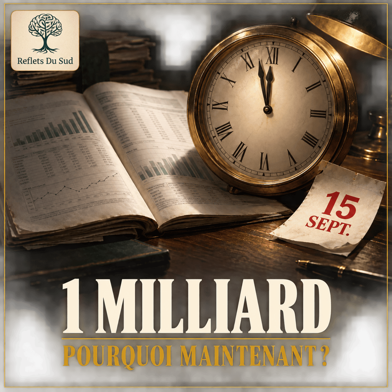 « 1 milliard, pourquoi maintenant ? » Registre comptable ouvert, horloge à minuit et feuillet de calendrier du 15 septembre, sur la dette de la Collectivité territoriale de Martinique