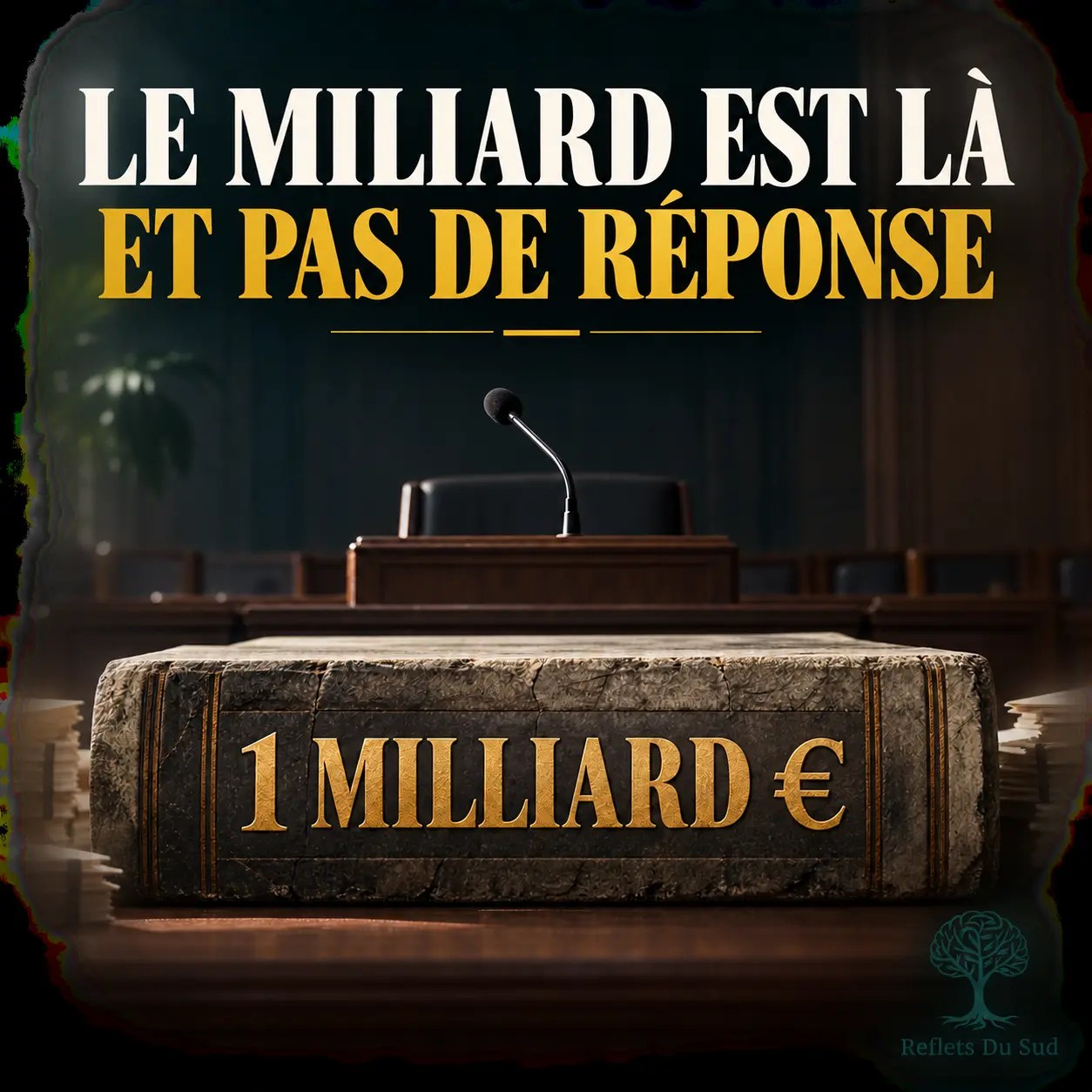 Un microphone vide face à un bloc portant l’inscription « 1 milliard € », sur fond sombre.