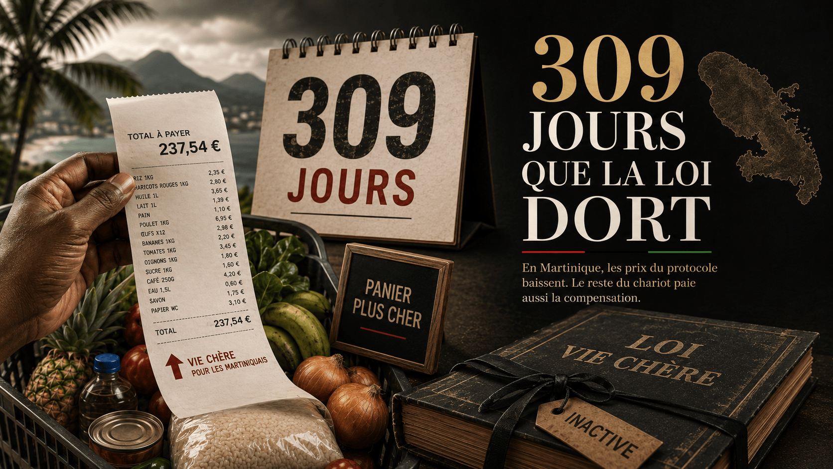 Visuel de la brève « 309 jours que la loi dort » sur le protocole contre la vie chère en Martinique