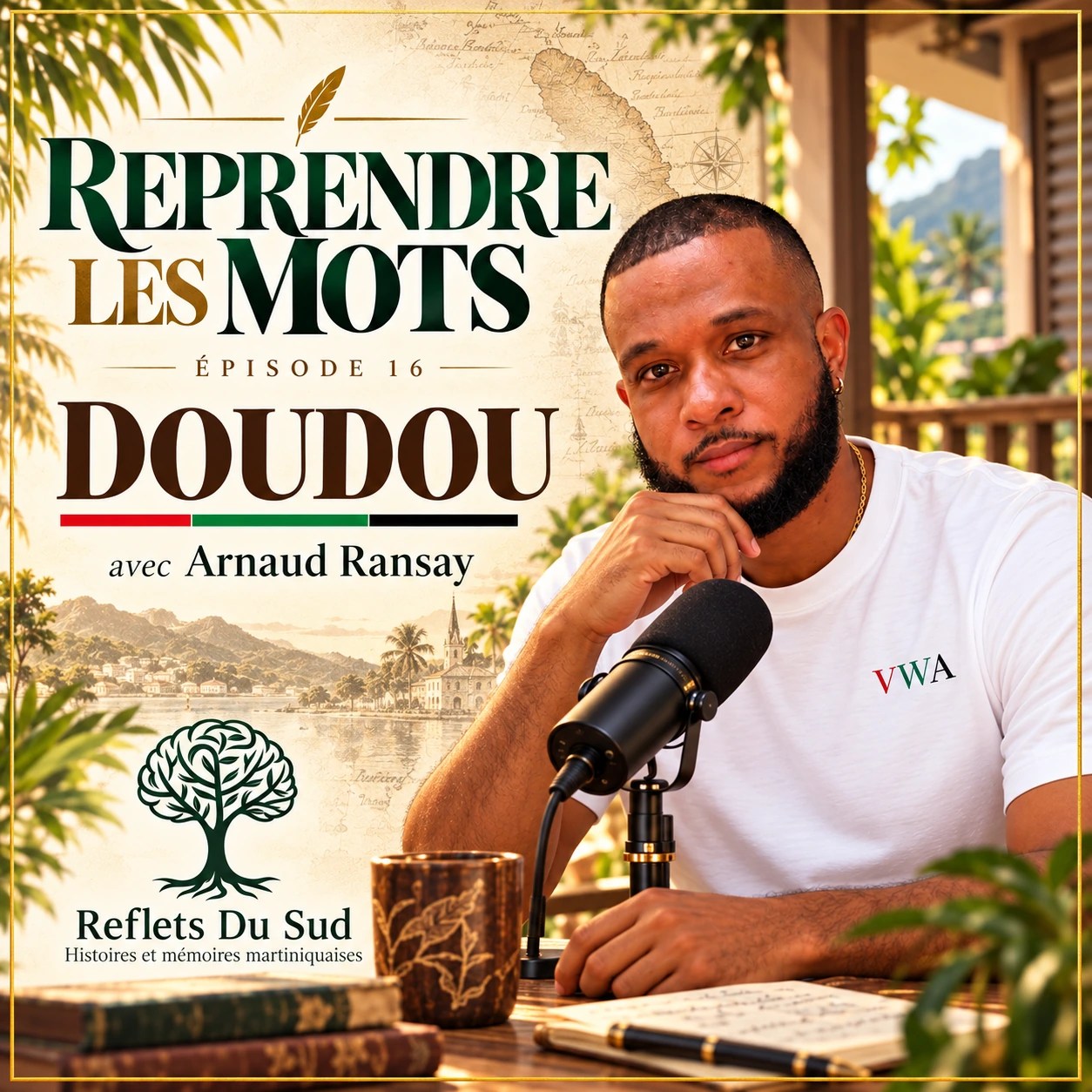 Arnaud Ransay au microphone, couverture de Doudou, épisode 16 de Reprendre les mots, avec le logo Reflets du Sud.