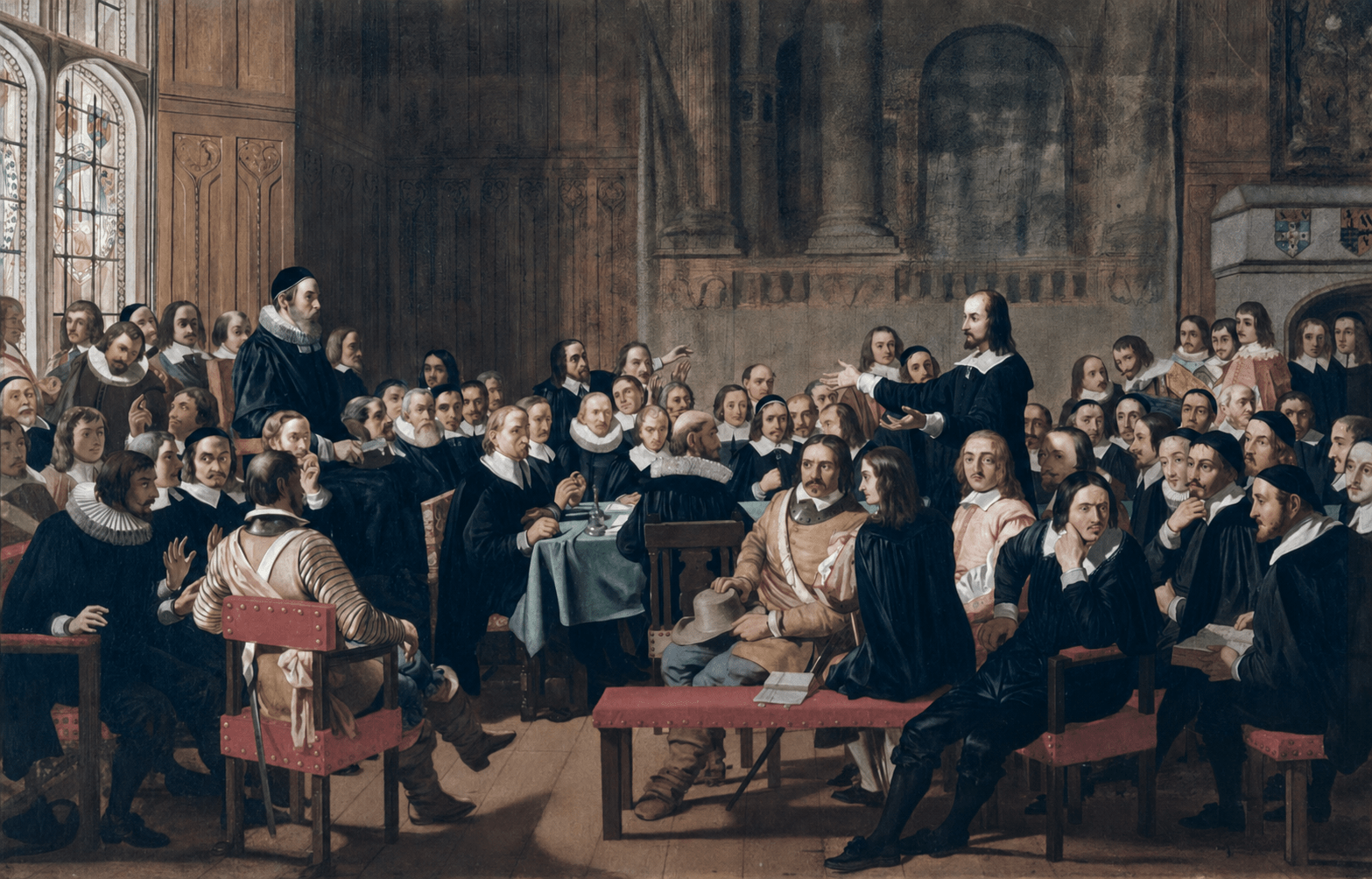 The Westminster Assembly debating in a wood-paneled chamber, in a later painting by John Rogers Herbert.