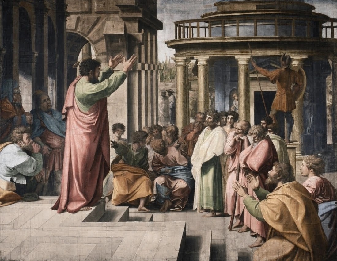 The Apostle Paul preaching at Athens Lightly colorized by Reformed Dogmatika; original source detail retained.