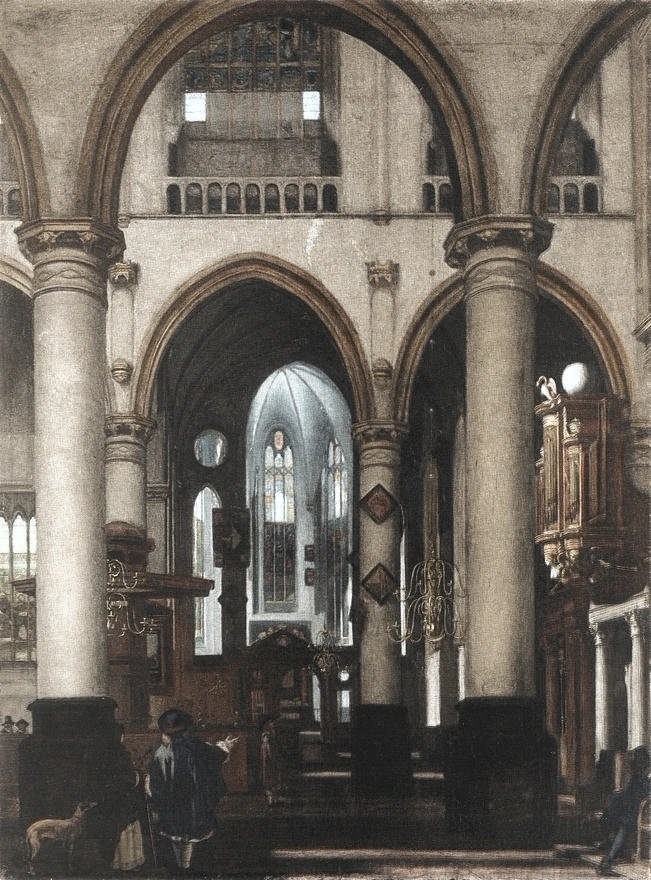 Dutch Reformed church interior Lightly colorized by Reformed Dogmatika; original source detail retained.