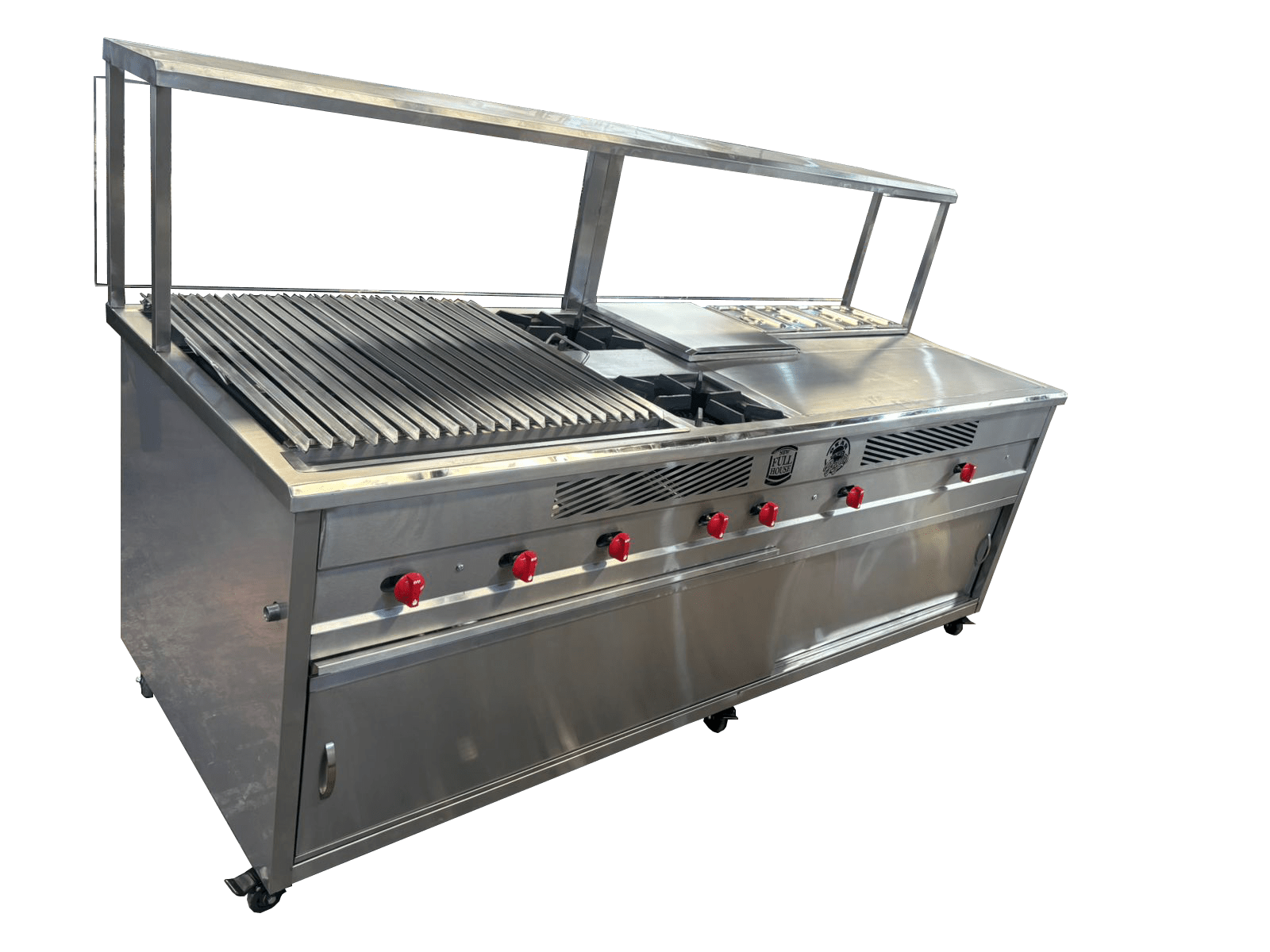 Compra tu módulo de cocina forrado en acero inoxidable con parrilla, 2 freidoras, baño maría y 4 azafates. Ideal para cocinas industriales y negocios en Colombia. Envío nacional.