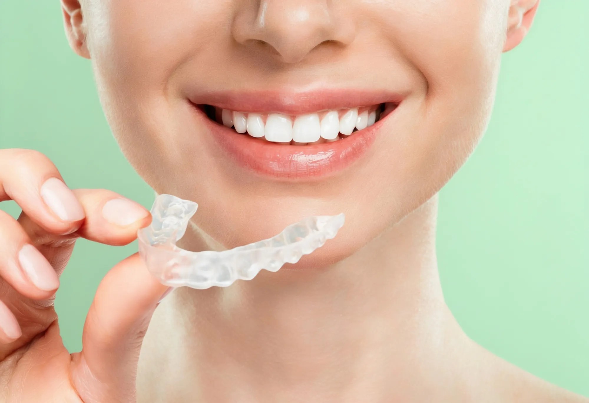 A patient holding a clear Invisalign orthodontic aligner next to a bright smile, highlighting cosmetic dentistry treatments.