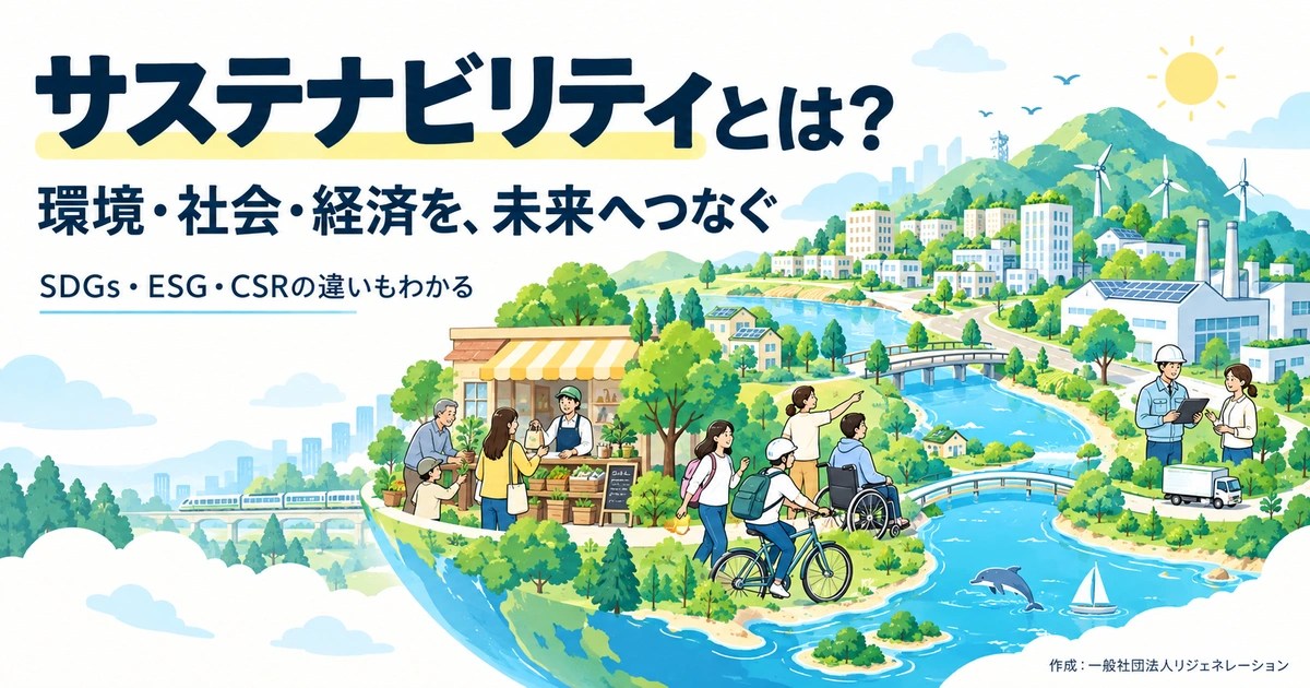サステナビリティとは？意味・3つの側面・SDGs／ESG／CSRとの違いのイメージイラスト