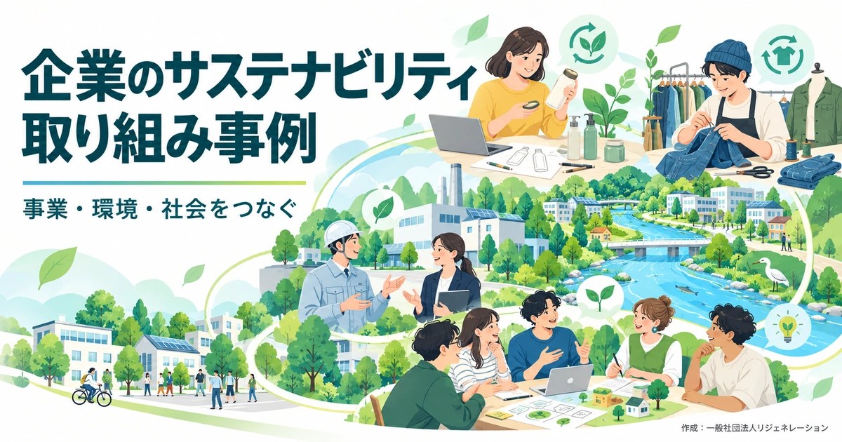 製品設計、補修、働く人、環境、地域との共創を描いたイラスト。