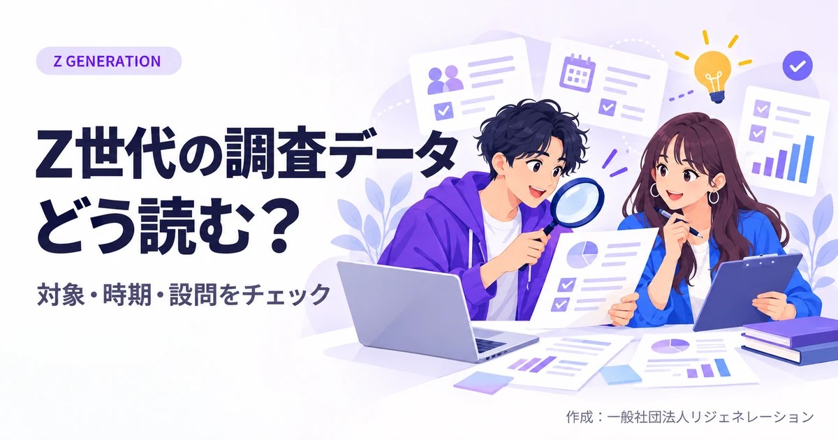 Z世代の調査データの読み方｜調査レポートを比較する6つの確認点を表現した人物と道具のイラスト