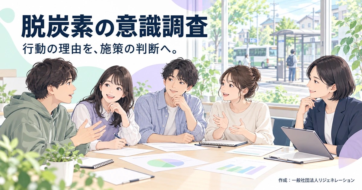 脱炭素の意識調査の考え方を伝える概念イラスト。実施風景の写真ではない。