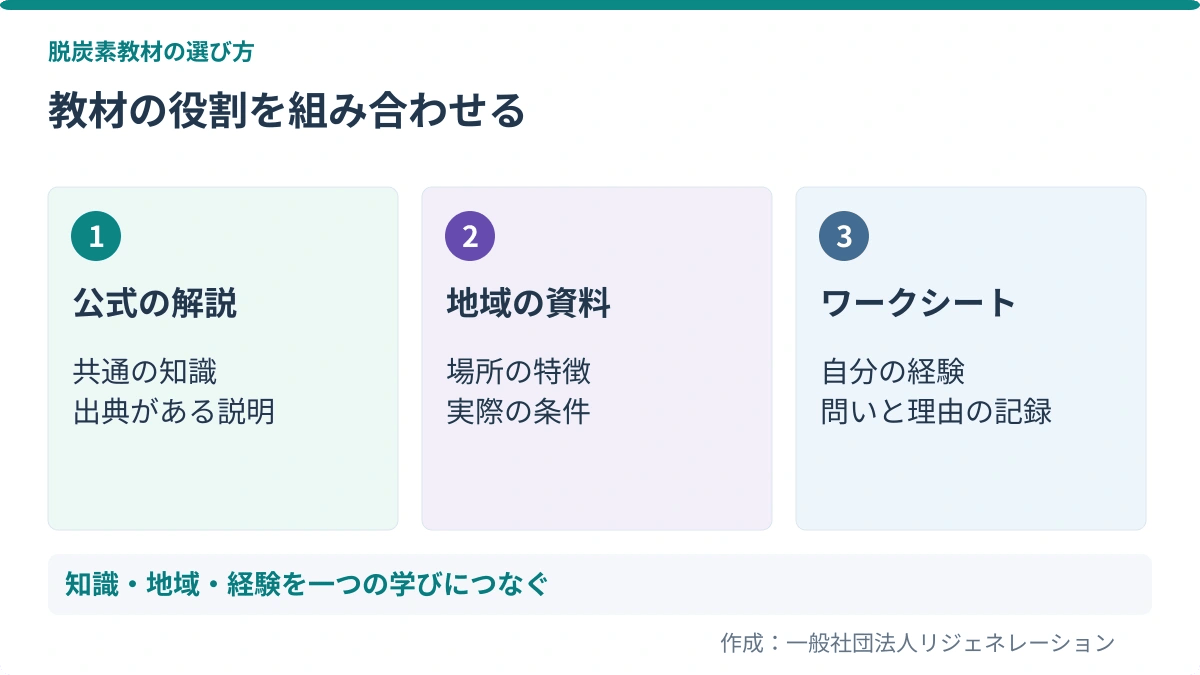 教材の役割を組み合わせる。公式の解説:共通の知識、出典がある説明/地域の資料:場所の特徴、実際の条件/ワークシート:自分の経験、問いと理由の記録