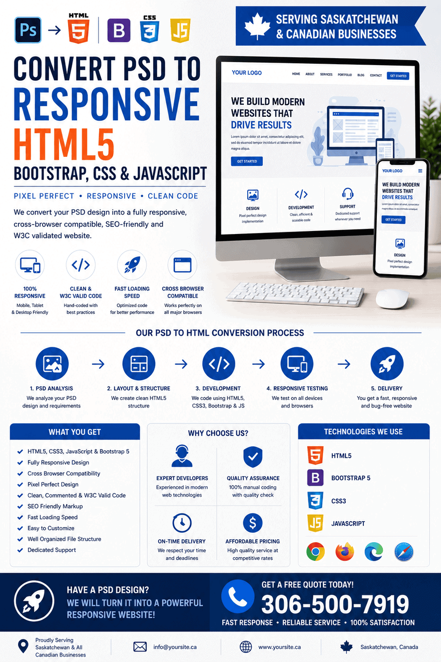 Convert PSD to Responsive HTML5 Bootstrap, CSS and JavaScript development services for Saskatchewan and Canadian businesses featuring pixel-perfect, responsive, cross-browser compatible frontend development.