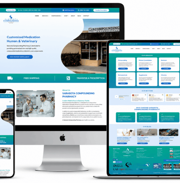 Responsive compounding pharmacy and eCommerce website designed by Swan Technologies for Sarasota Rx