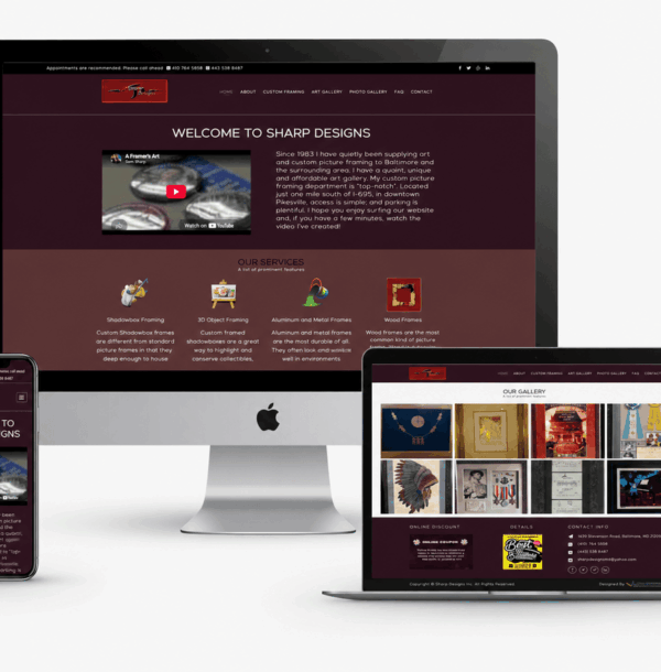 Responsive custom picture framing website designed by Swan Technologies for Sharp Designs in Baltimore