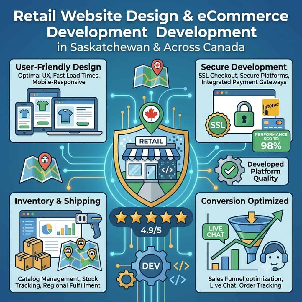 Infographic showcasing retail website design and eCommerce development services in Saskatchewan and Canada, highlighting user-friendly design, secure checkout, inventory management, and conversion optimization.