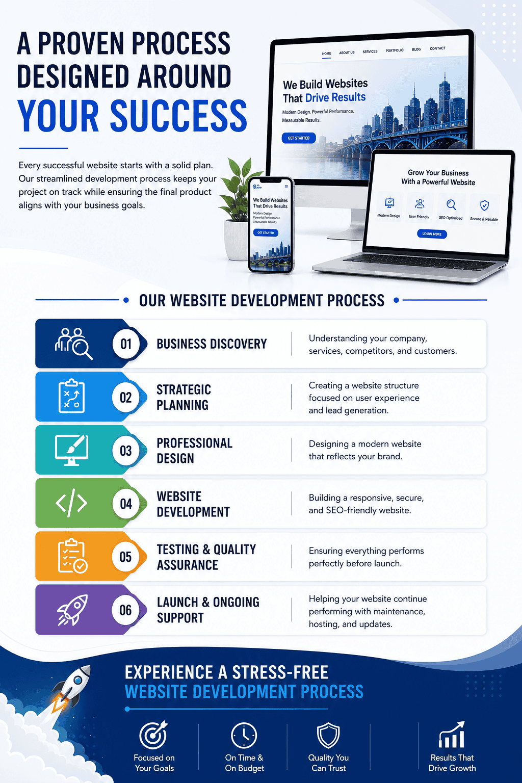 A proven website development process from business discovery to launch and ongoing support