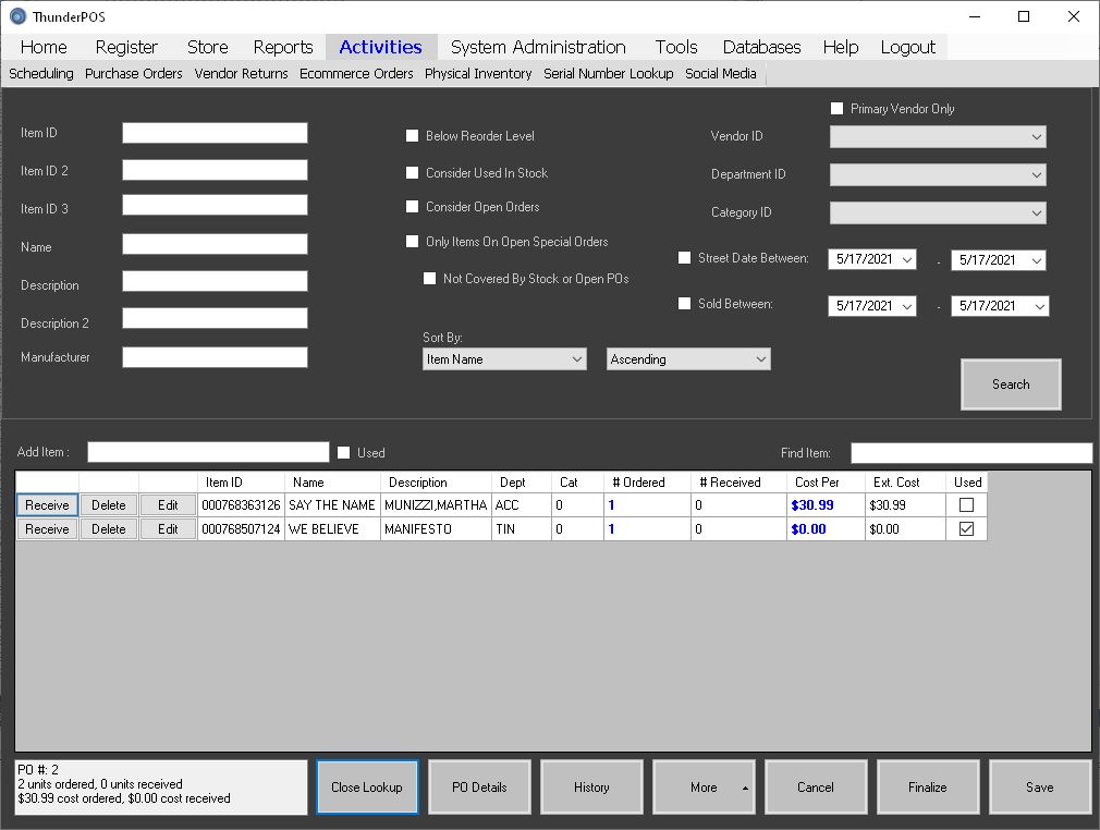 The purchase order screen, with some custom colors set