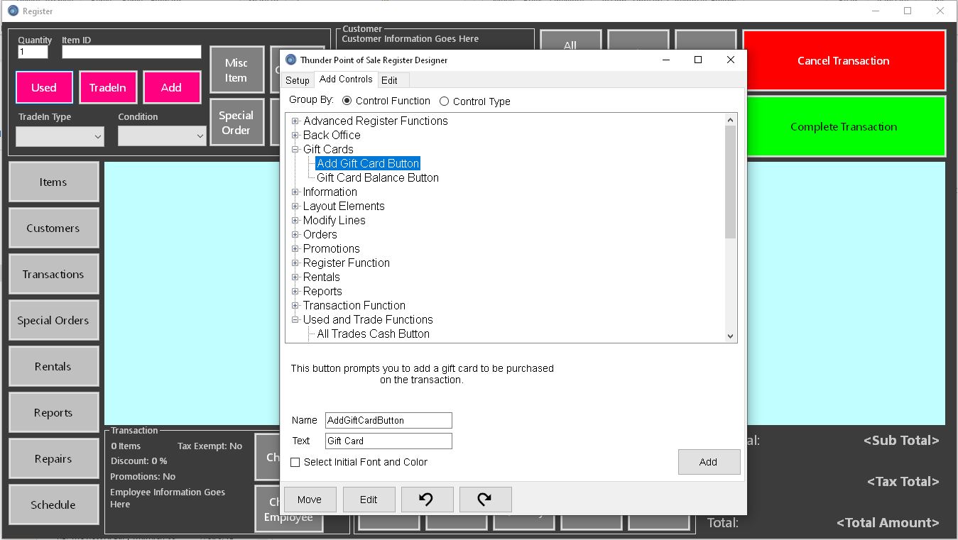 The register designer being used to customize the Point of Sale screen layout
