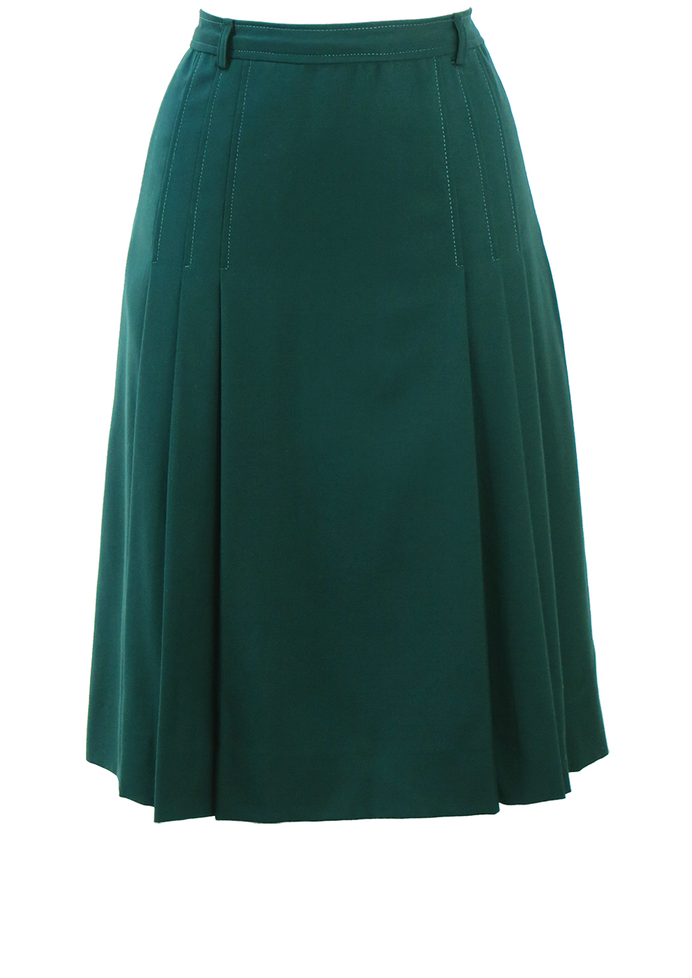 Vintage 70's Bottle Green Flared Midi Skirt with Side Pleat Detail