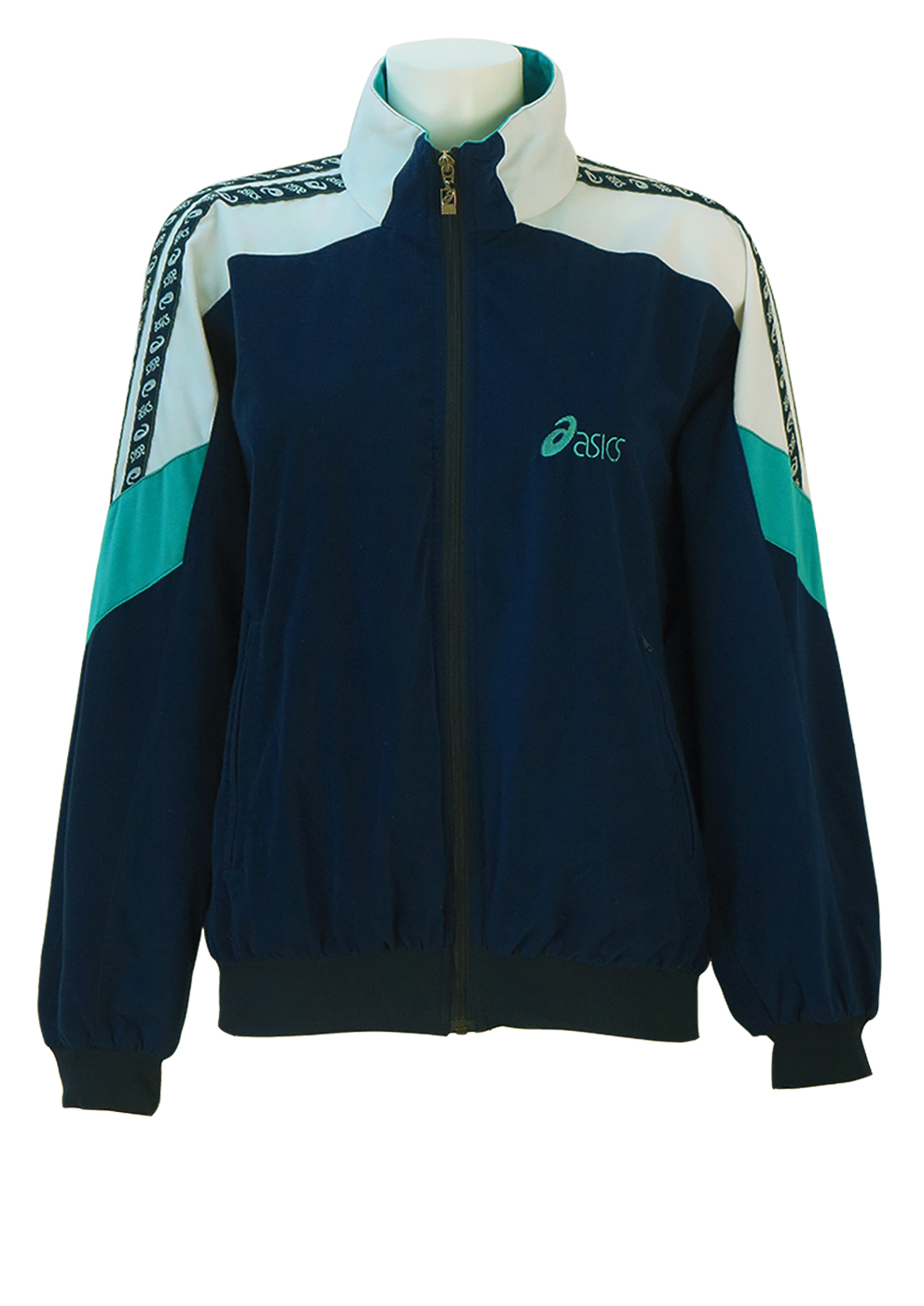 Asics Navy Blue Velour Track Jacket with Turquoise Blue & White