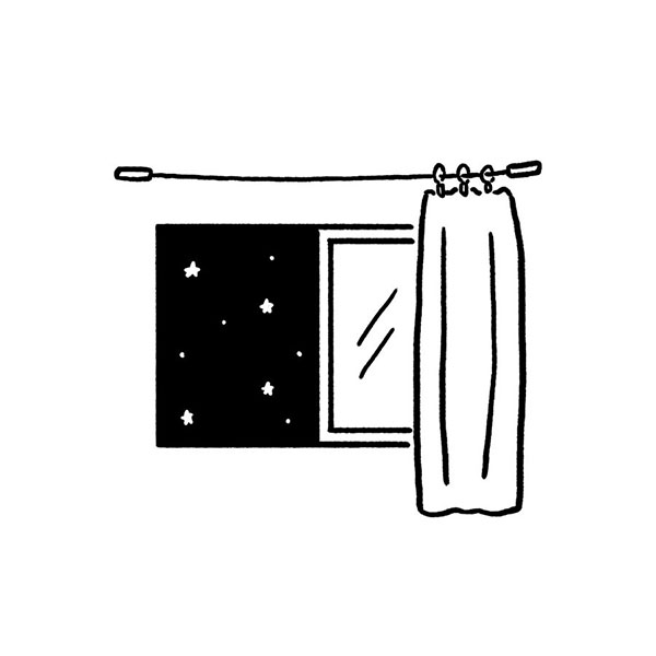 シンプルなモノクロイラスト（窓から見える星空）　星空　夜　カーテン　クリップカーテン　インテリア　ゆるい　線画　イラスト　女性向け　ファッション　広告　web 　美容　 イラストレーター　イラストレーション おしゃれ　カットイラスト　挿絵　ファッションイラストレーション　ライフスタイル　illustration fashionillustration illustrator　イラストレーターreism・i（リズム）