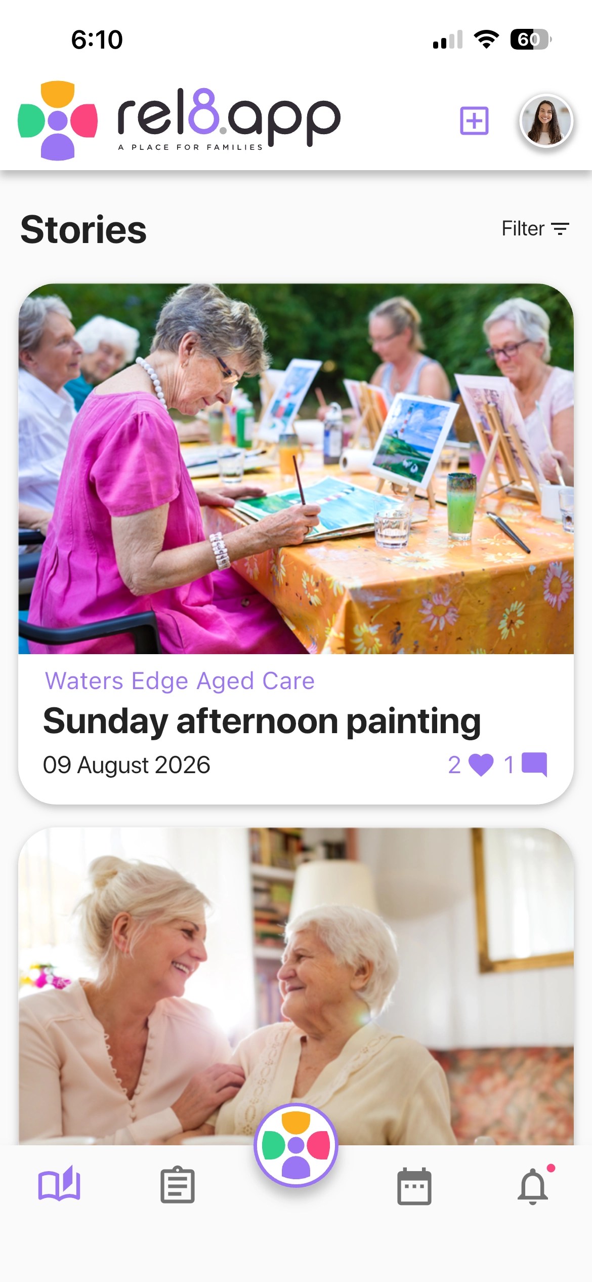 Rel8.app secure family mobile app interface showing daily care updates