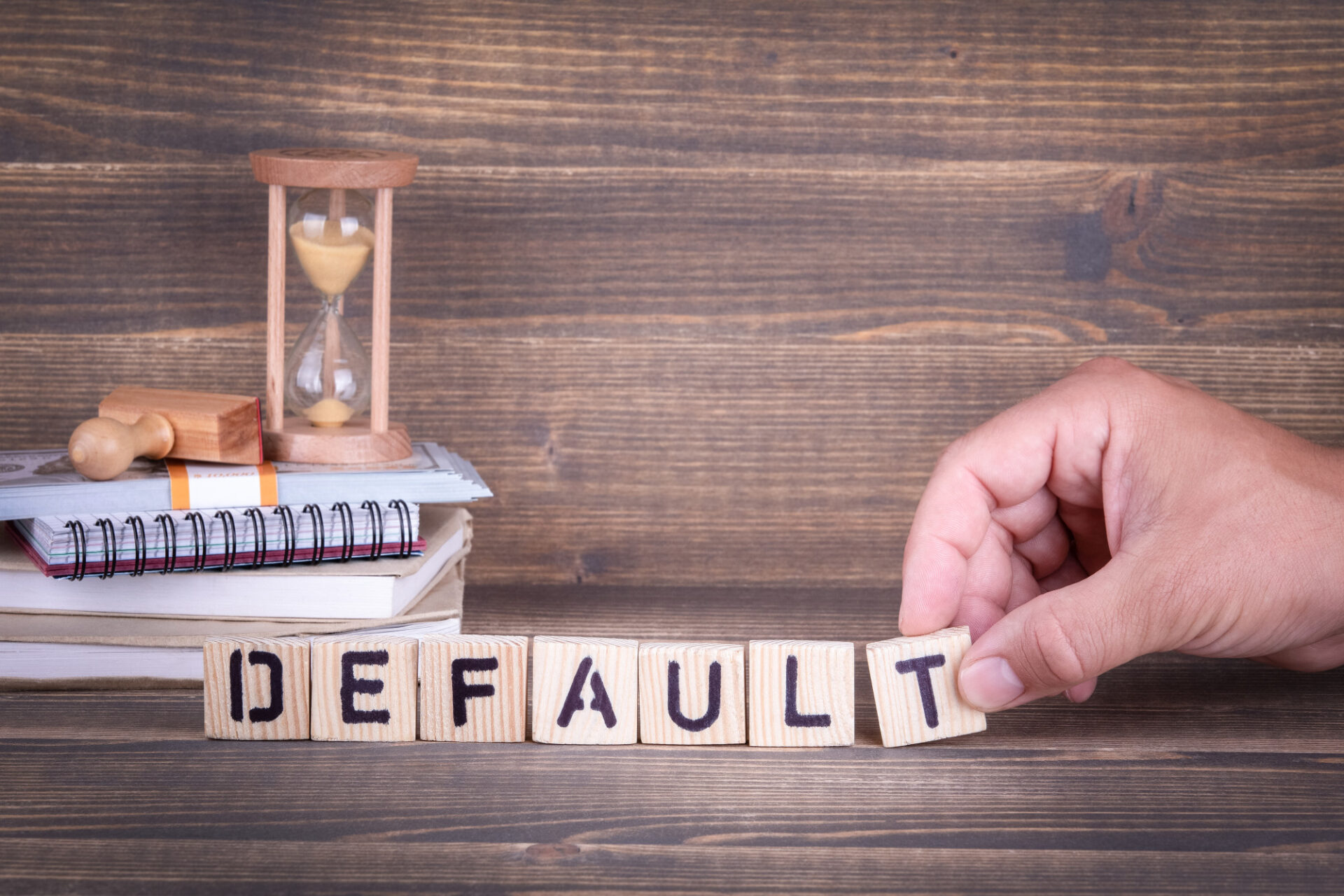 default. wooden letters on the office desk, informative and communication background