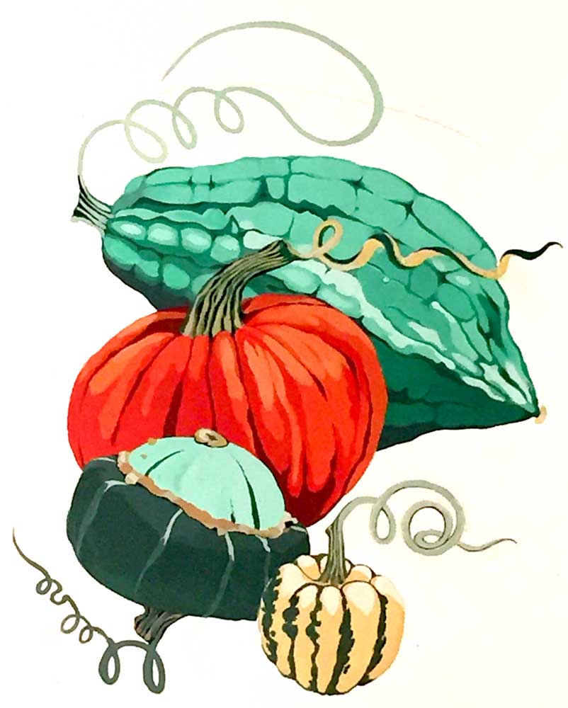 Original gouache painting of winter squash, botanical illustration giclée print, greeting card by painter-printmaker Georgina Grenier