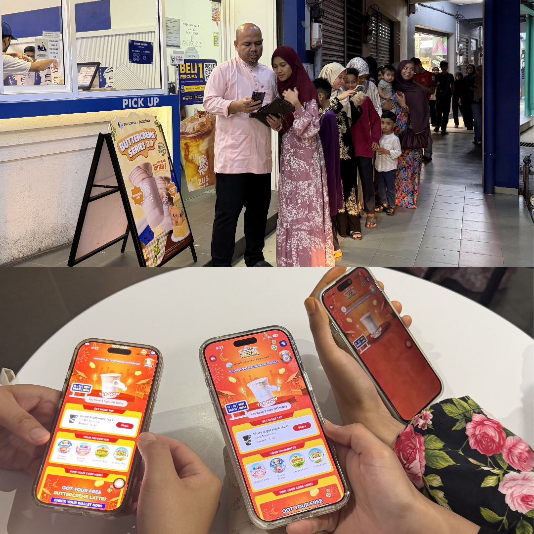 (Top) Malaysians queue outside the ZUS COFFEE outlet at Jalan Masjid Tanah Ria Utama, Melaka (Bottom) Users participating in the Shopee Raya Kopi Percuma tap & win game