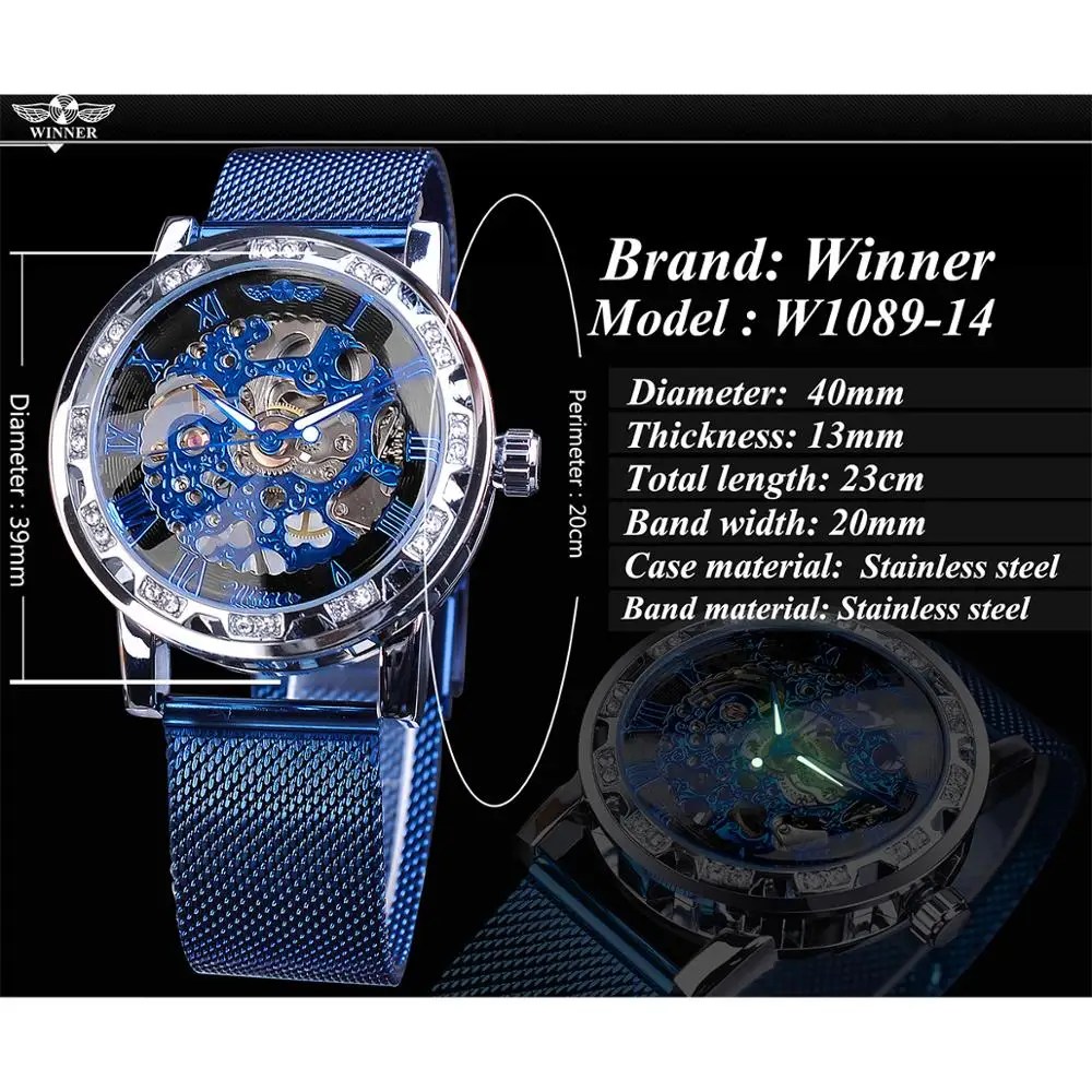 Winner-Reloj de negocios con pantalla de diamantes para hombre, cronógrafo mecánico de acero azul, movimiento de engranaje real clásico