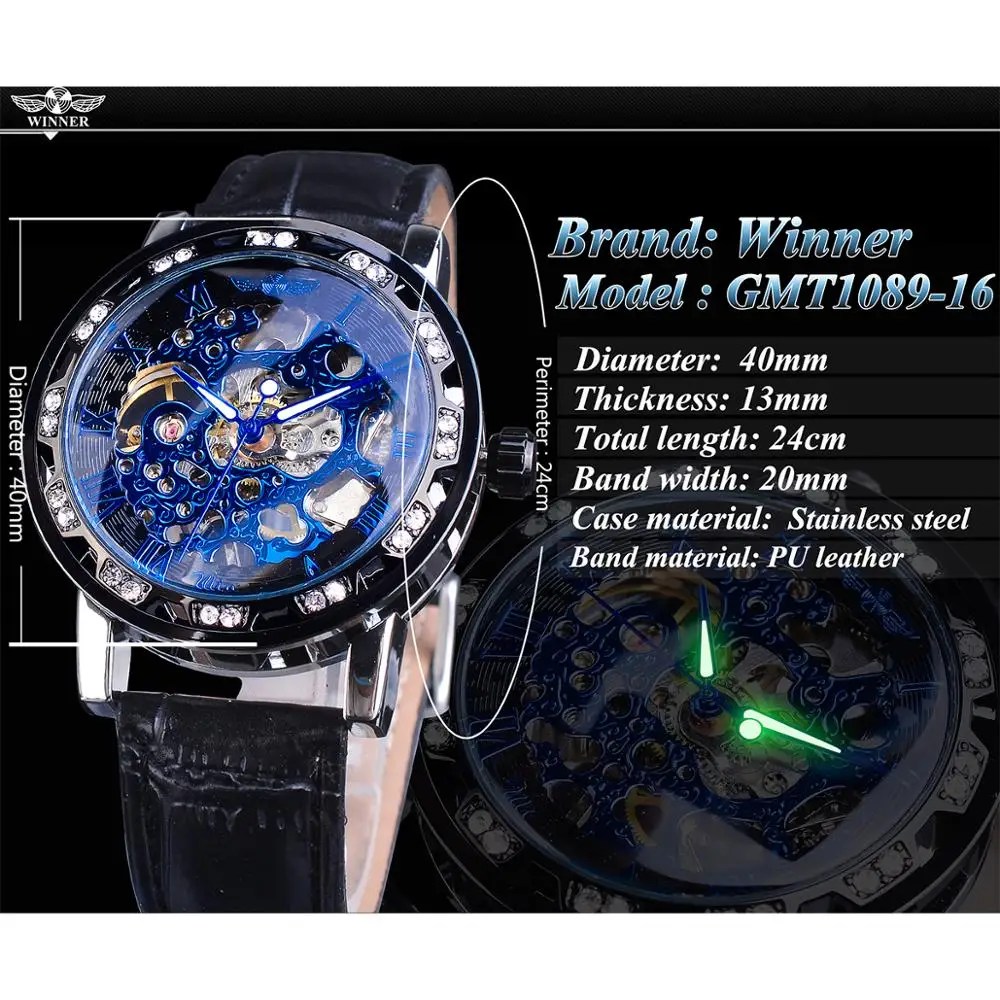 Winner Steampunk diamante pantalla de lujo manecillas luminosas esfera azul reloj de pulsera mecánico