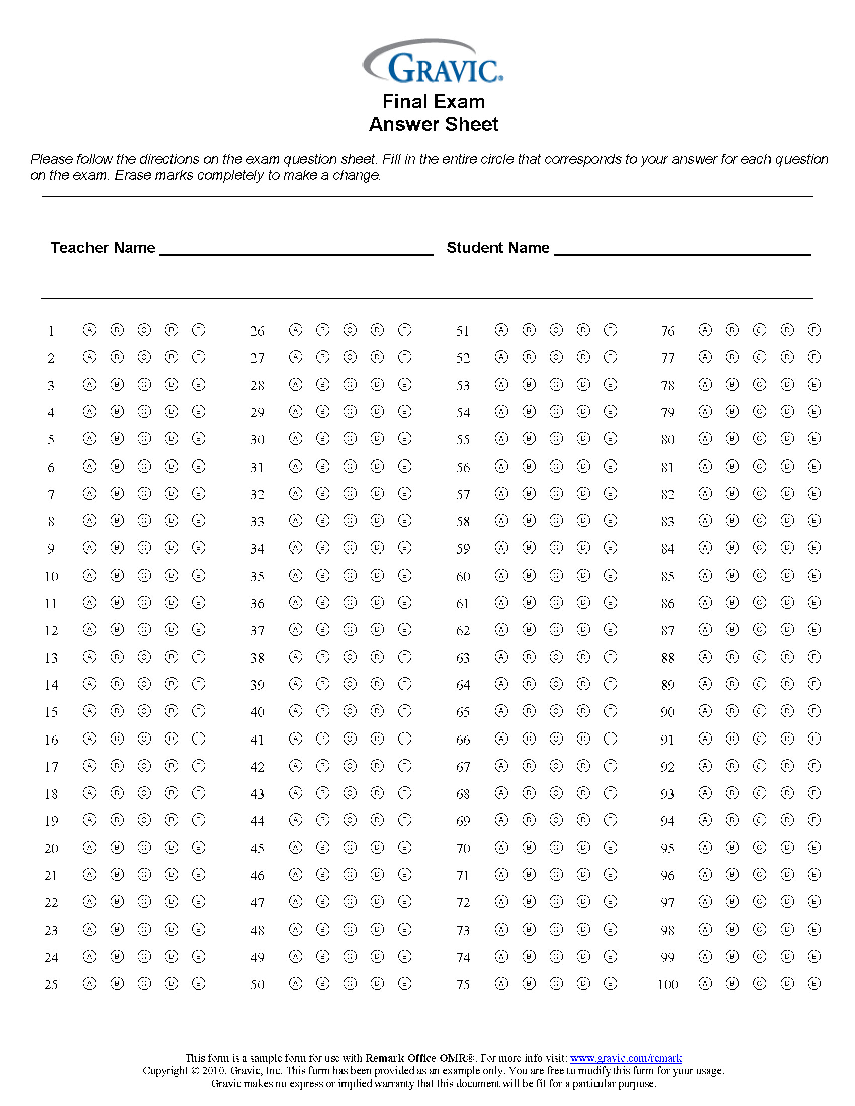 final exam 100 question test answer sheet remark software