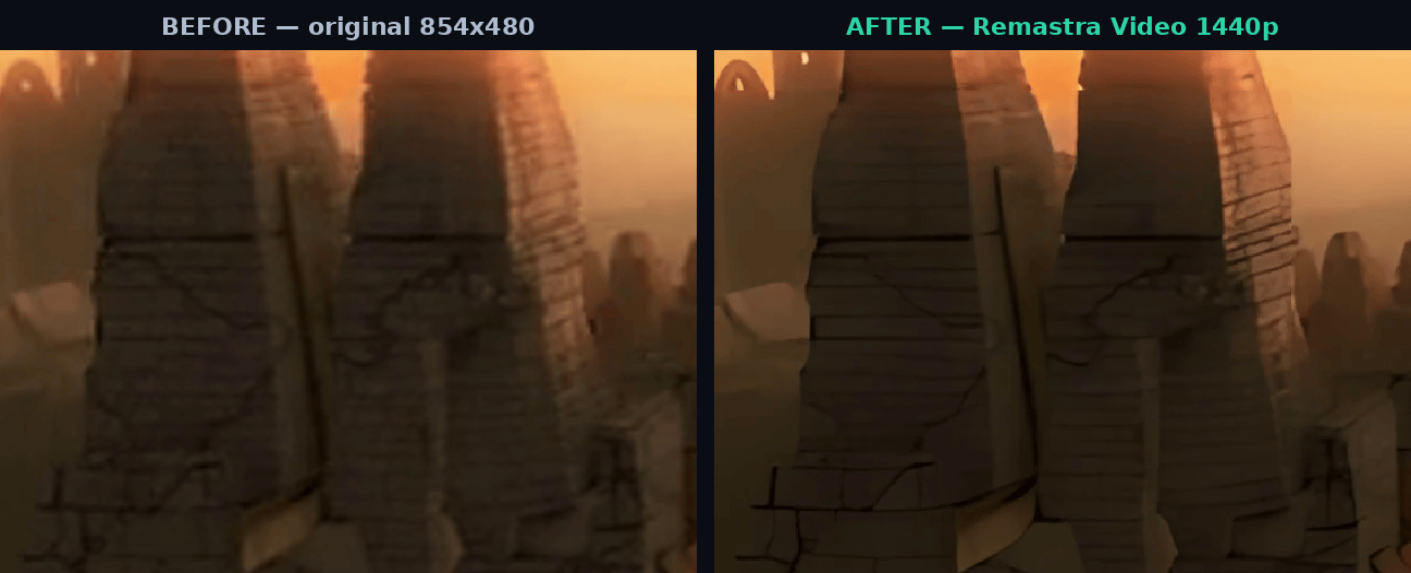 Before and after: tower stonework from the Sintel trailer, original 854x480 versus Remastra Video 1440p