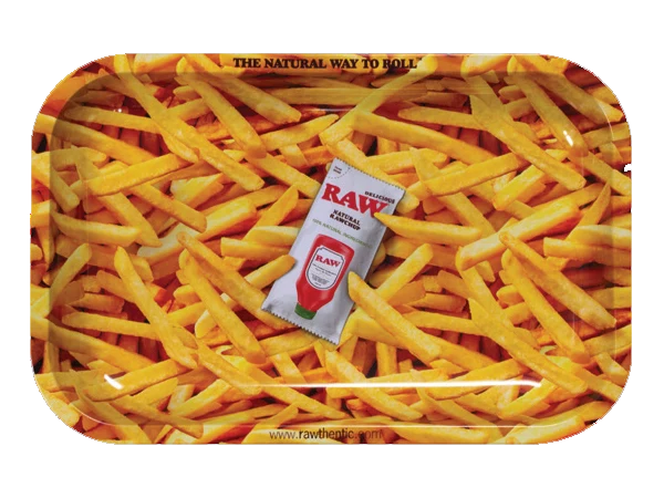 RAW French Fries Tray small rolling tray, metal tray printed with golden fries and a RAW ketchup packet